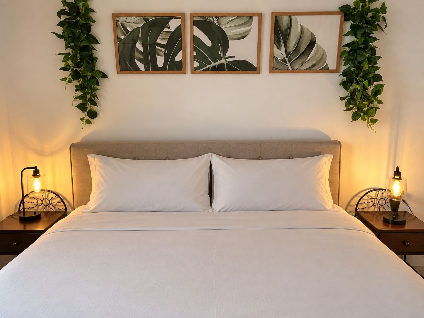 Een bed met witte beddengoed, twee bedlampen en drie ingelijste kunstwerken met bladeren aan de muur.