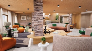A modern hotel lobby with a stone accent wall, multiple seating areas, and a reception desk. - Wifi, 100m from ski slopes, swimming pool, sauna, hammam, balcony, tv, ski locker, 42m², Auron (Auron)