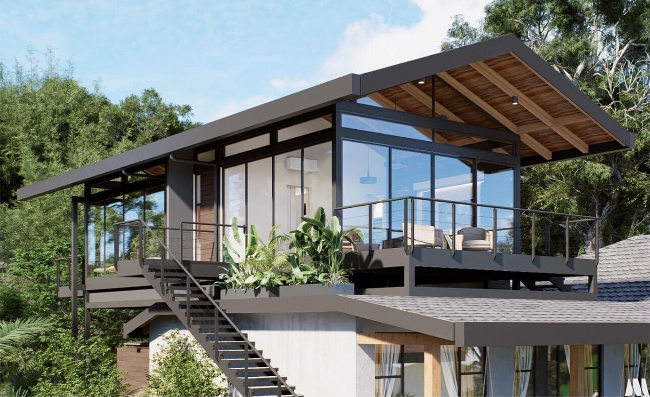Une maison moderne dotée d’une façade en verre, d’une terrasse en bois et d’un escalier menant à un deuxième étage.