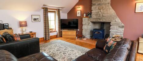 A cozy living room with a stone fireplace, leather sofas, a television, and a wooden ceiling.