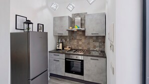 Une cuisine compacte équipée d’un réfrigérateur encastré, d’une cuisinière à gaz et d’un lave-vaisselle.