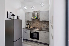 Eine kleine Küche mit integriertem Kühlschrank, einem Gasherd und einem Geschirrspüler.