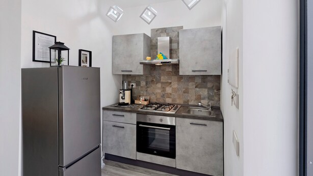 A compact kitchen with a built-in refrigerator, a gas stove, and a dishwasher.
