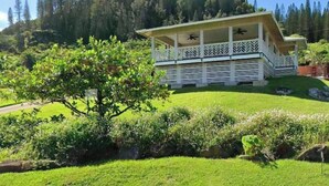 A two-story building with a balcony, surrounded by lush greenery and a forested backdrop. - Serene Hauula Retreat with Ocean Views (Hauula)