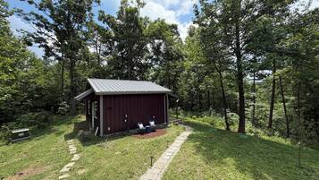 A small, single-story wooden cabin with a metal roof, surrounded by a grassy area and dense trees.