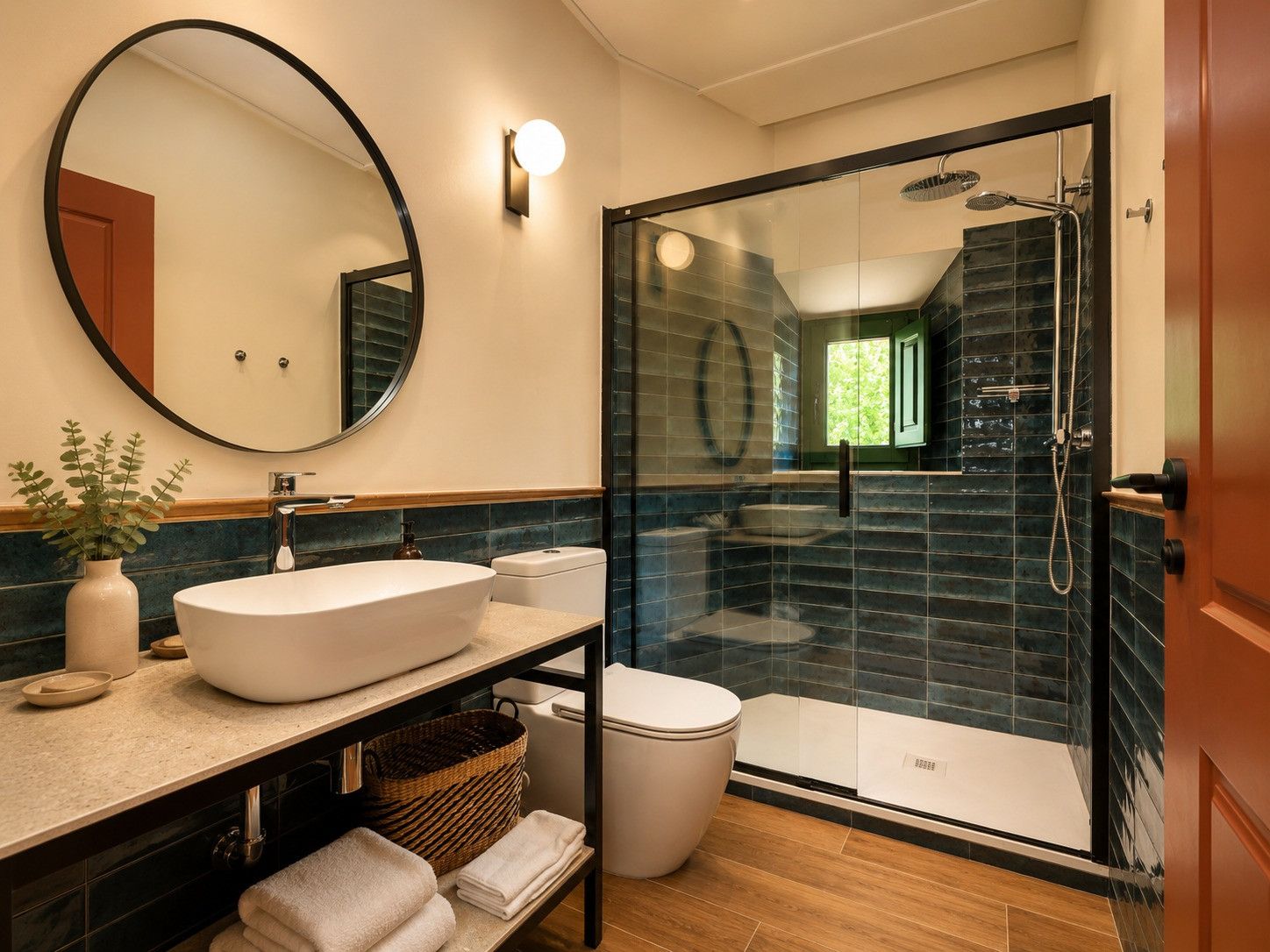 Un baño moderno con un espejo redondo, un lavabo grande, un inodoro y una zona de ducha con mampara de cristal.