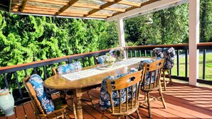 Une terrasse extérieure avec une table et des chaises en bois, entourée d’une rambarde et surmontée d’un toit en métal.