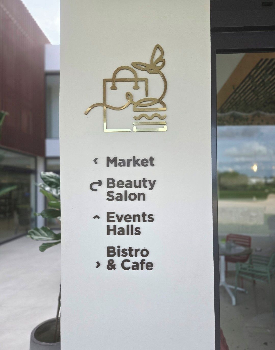 A sign with directional arrows and icons indicating a market, beauty salon, events halls, and a bistro & cafe.