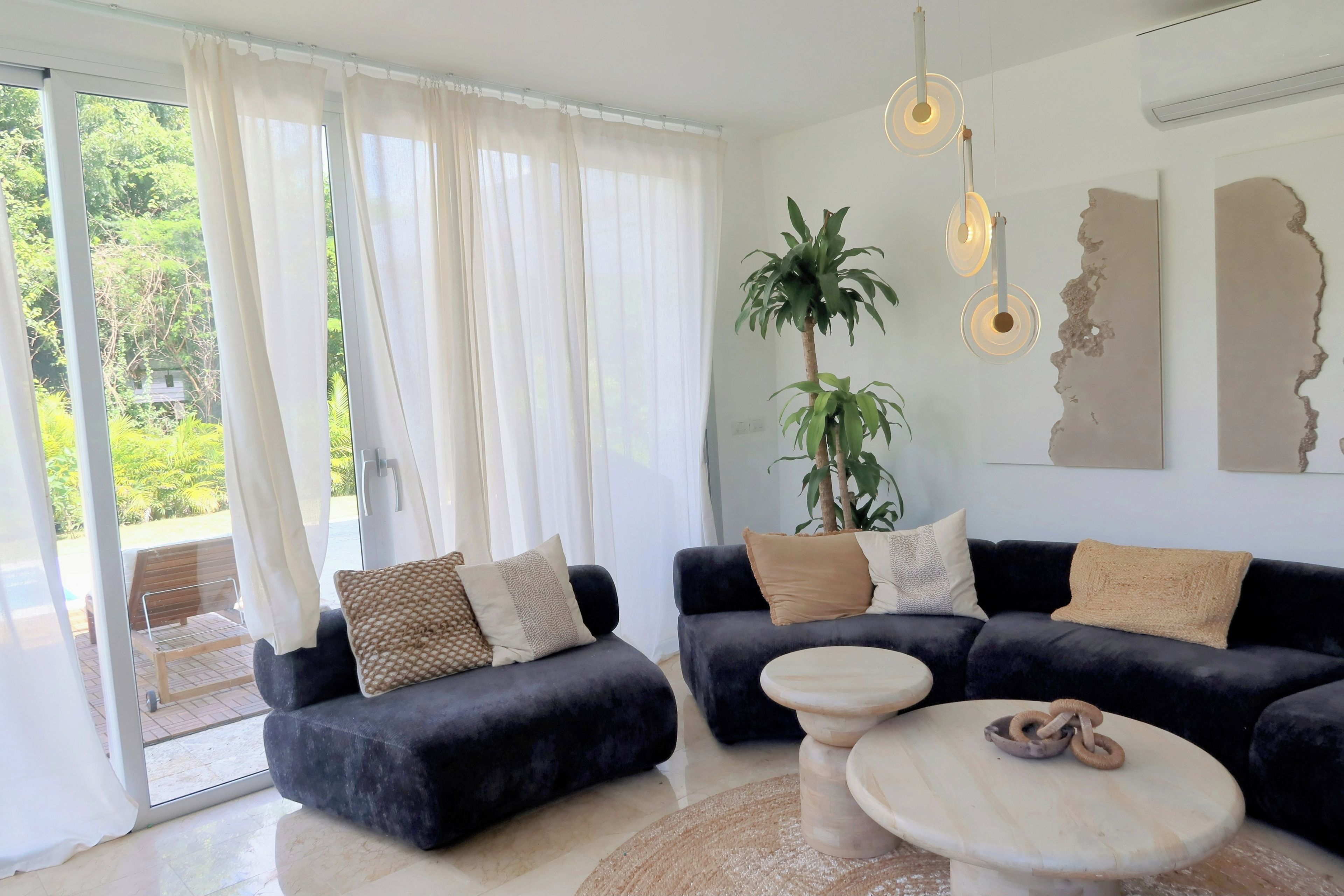 A modern living room with a black sofa, a round coffee table, and a potted plant.