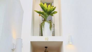 Une entrée moderne avec une porte en bois, un luminaire suspendu et une plante en pot sur un balcon.