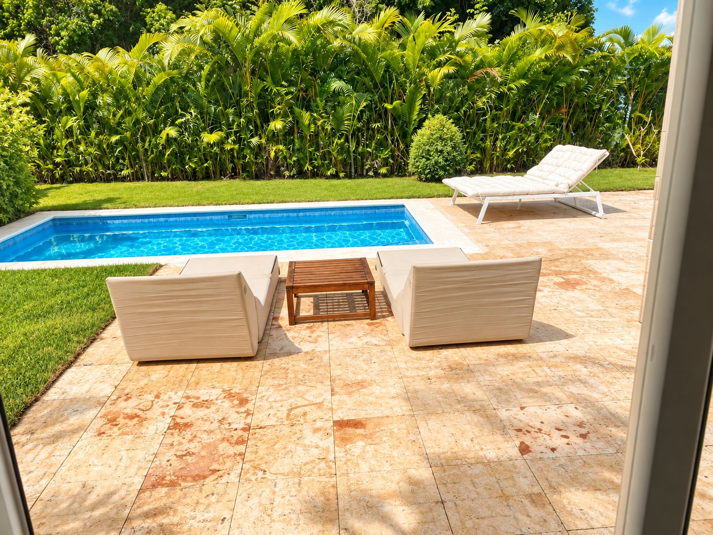 A swimming pool with two lounge chairs and a wooden table.