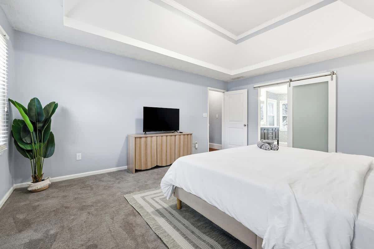 Une chambre à coucher avec un lit, un téléviseur posé sur un meuble en bois, une plante en pot et une porte coulissante donnant sur une autre pièce.