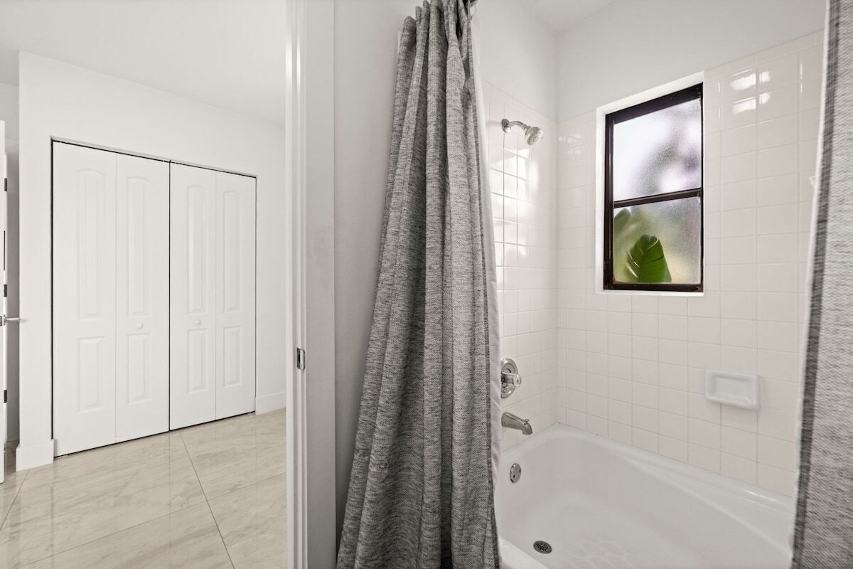 Shower, hair dryer, shampoo