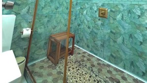 Ein Badezimmer mit Oberlicht, einem Holzschemel, einer Toilette und einer Duschkabine.