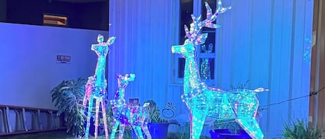 A building with a 'NO PASE' sign, a window, and three illuminated reindeer figures.
