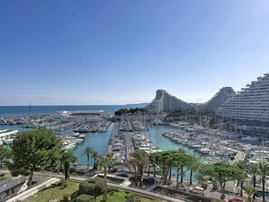 A marina with numerous boats, a large cruise ship docked, and a modern high-rise building in the background. - Marina 6 Pers ParkingPrivé Vue Mer 7ème Clim WIFI (Villeneuve-Loubet)