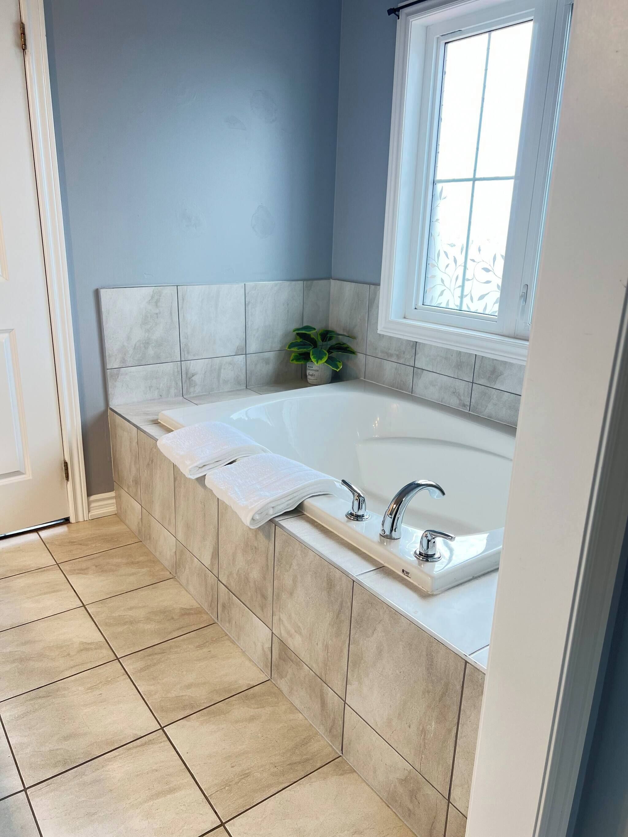 A bathroom with a bathtub, a window, and a potted plant.