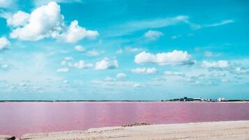 Une vue d’ensemble d’une vaste étendue de sel rose, avec un ciel dégagé et des bâtiments qui se dessinent à l’horizon.