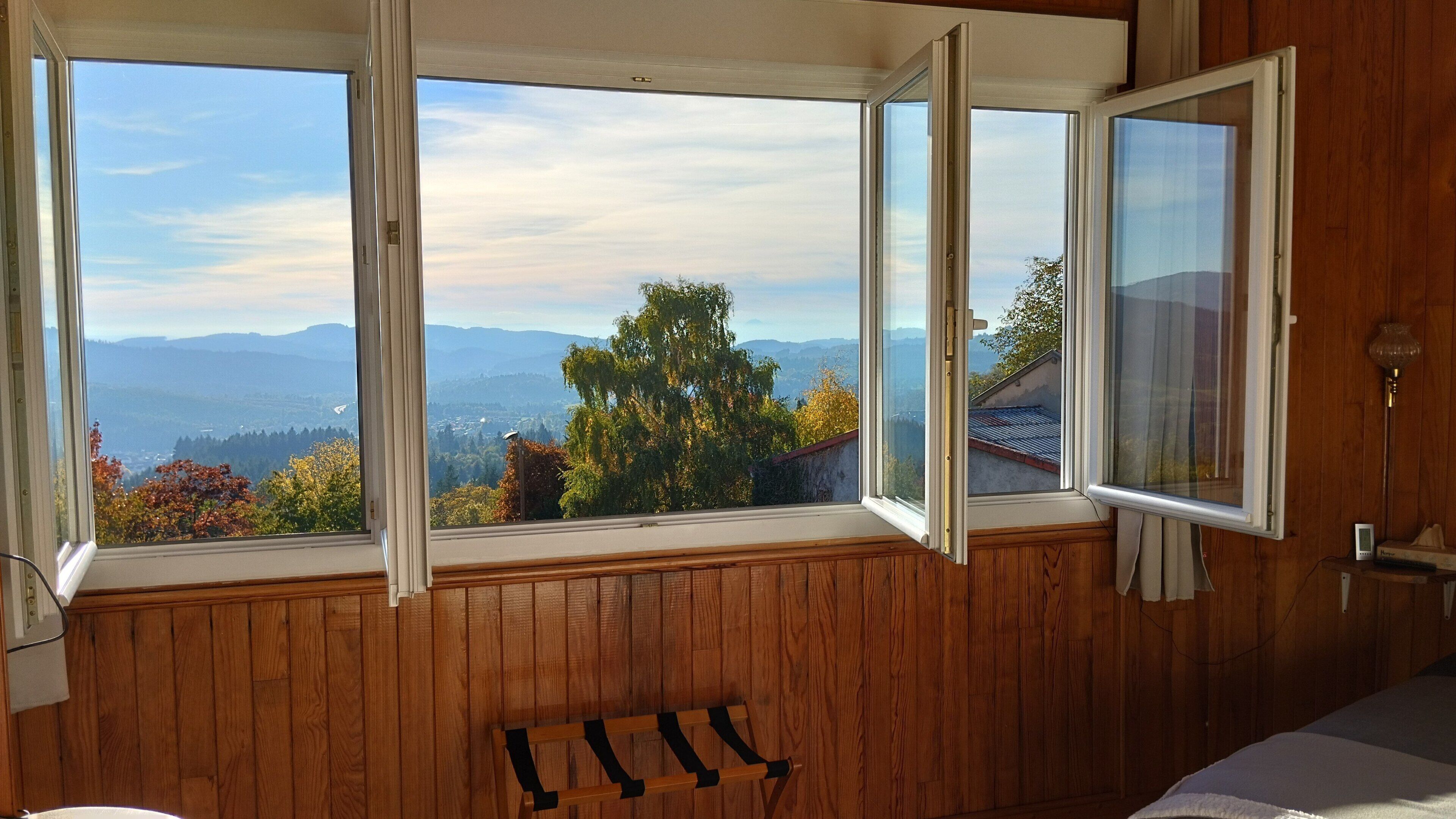A room with a large window offering a view of mountains and trees.