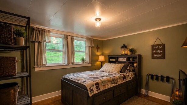 Um quarto com uma cama de madeira, uma janela com cortinas, uma prateleira com cestos e um quadro na parede.