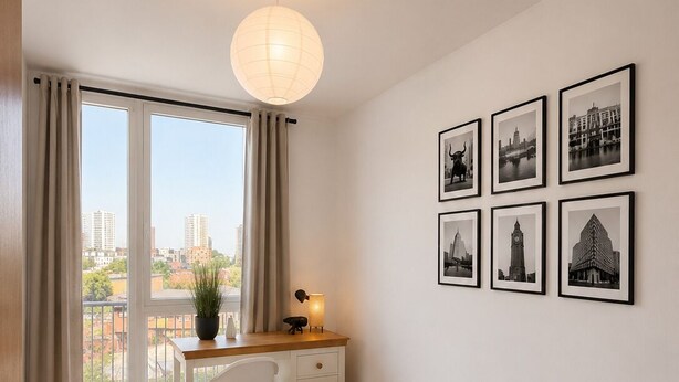 Une chambre à coucher avec un lit, un bureau et une chaise. Il y a six tableaux encadrés accrochés au mur.