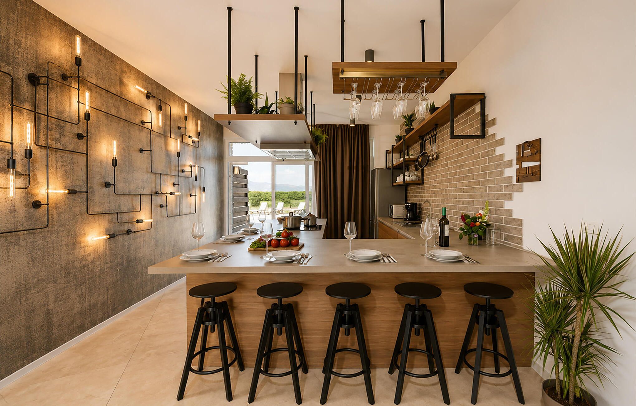 A modern kitchen with a central island, bar stools, pendant lighting, and a brick backsplash.