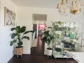 Ein Korridor mit einer Chandelüster, Topfpflanzen, einer Vitrine und einer an der Wand hängenden Karte.