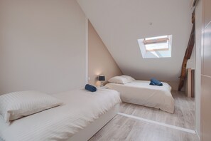A small, modern bedroom with two beds, a skylight, and a wooden beam. - Le Doumer - Centre-ville - Petfriendly (Château-Gontier-sur-Mayenne)