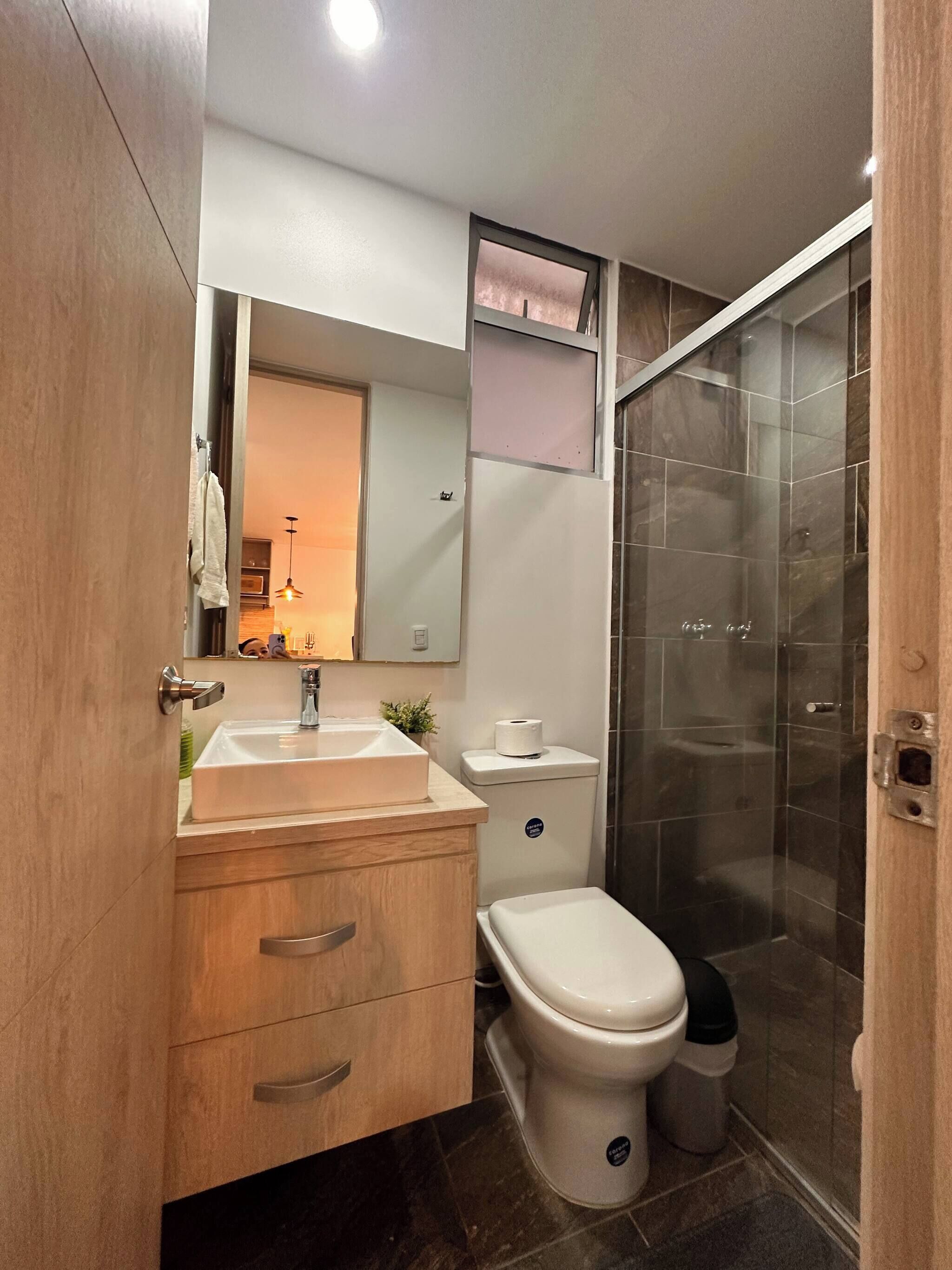 A modern bathroom with a sink, mirror, toilet, and shower.