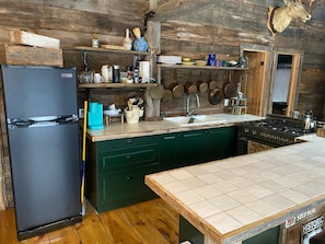 A rustic kitchen with a refrigerator, sink, and wooden cabinets.