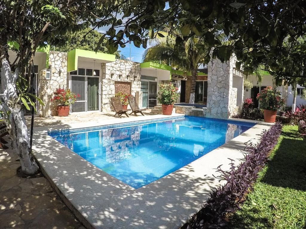 A swimming pool with a stone border, surrounded by potted plants and a grassy area.