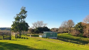 A green building with a fenced yard, surrounded by trees and open fields. - Hilltop farm cabin, private deck & sweeping views, 10 mins to Ōhope Beach (Wainui)