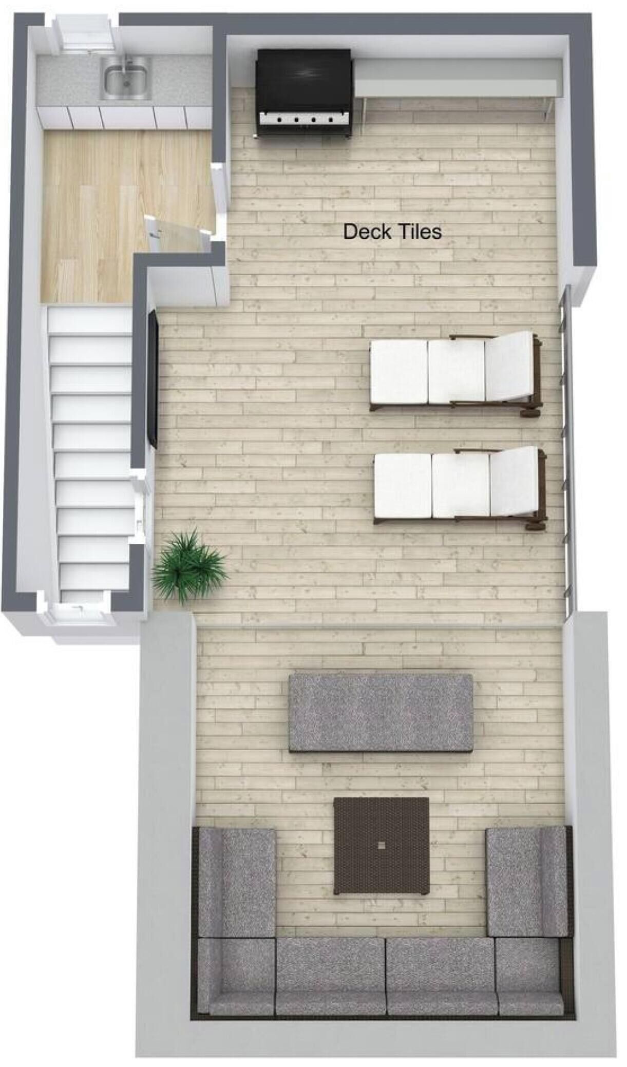 A room with a sofa set, a small table, and a grill area.