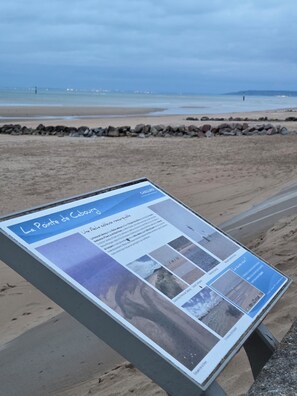 Un cartel informativo en una playa con texto e imágenes, una orilla arenosa y un rompeolas rocoso.