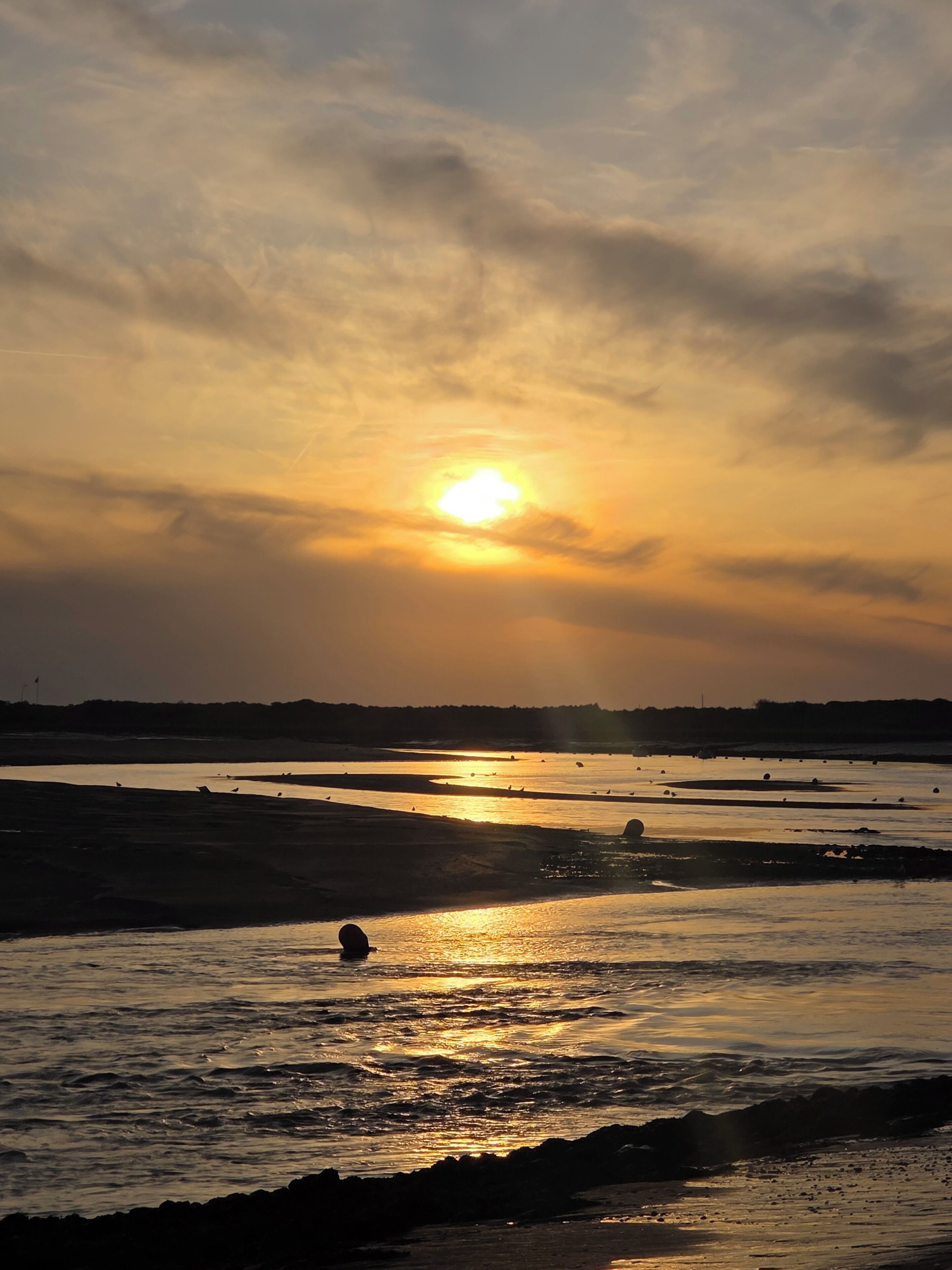A sunset over a calm body of water with a distant shoreline.