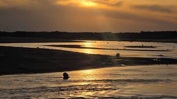 A sunset over a calm body of water with a distant shoreline.