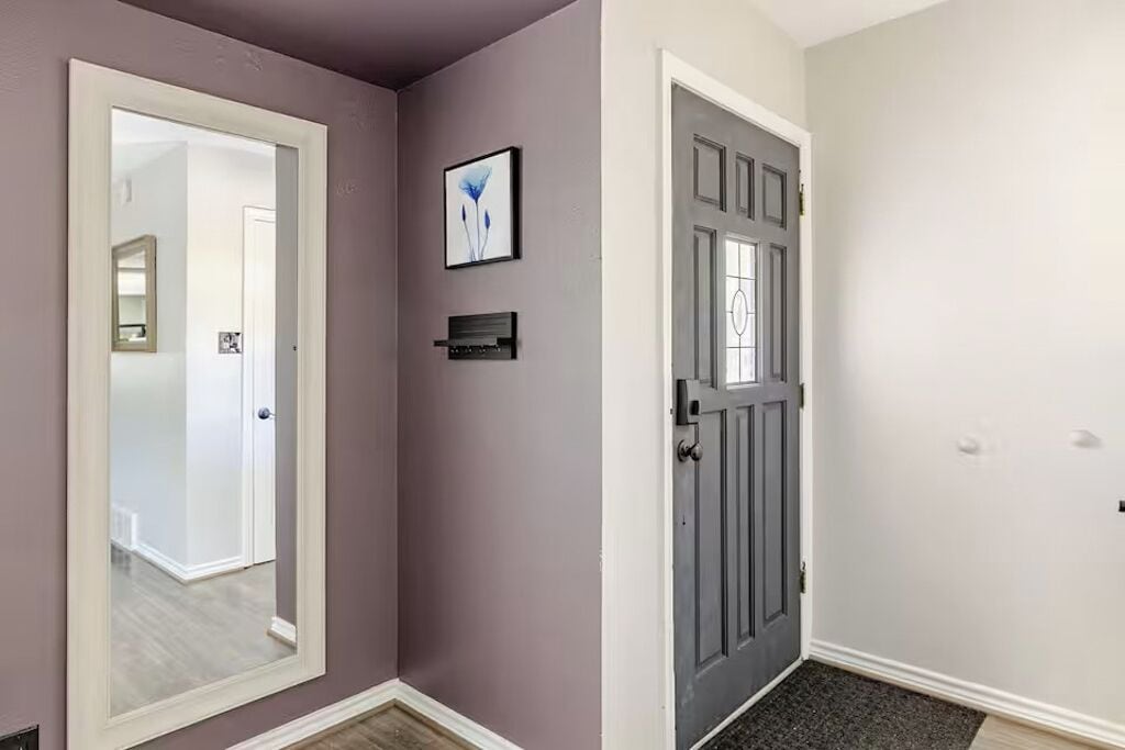 A hallway with a door, a mirror, and a framed picture on the wall.