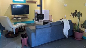 Una sala de estar con televisión, sofá, sillón, una mesita, planta en maceta y chimenea.