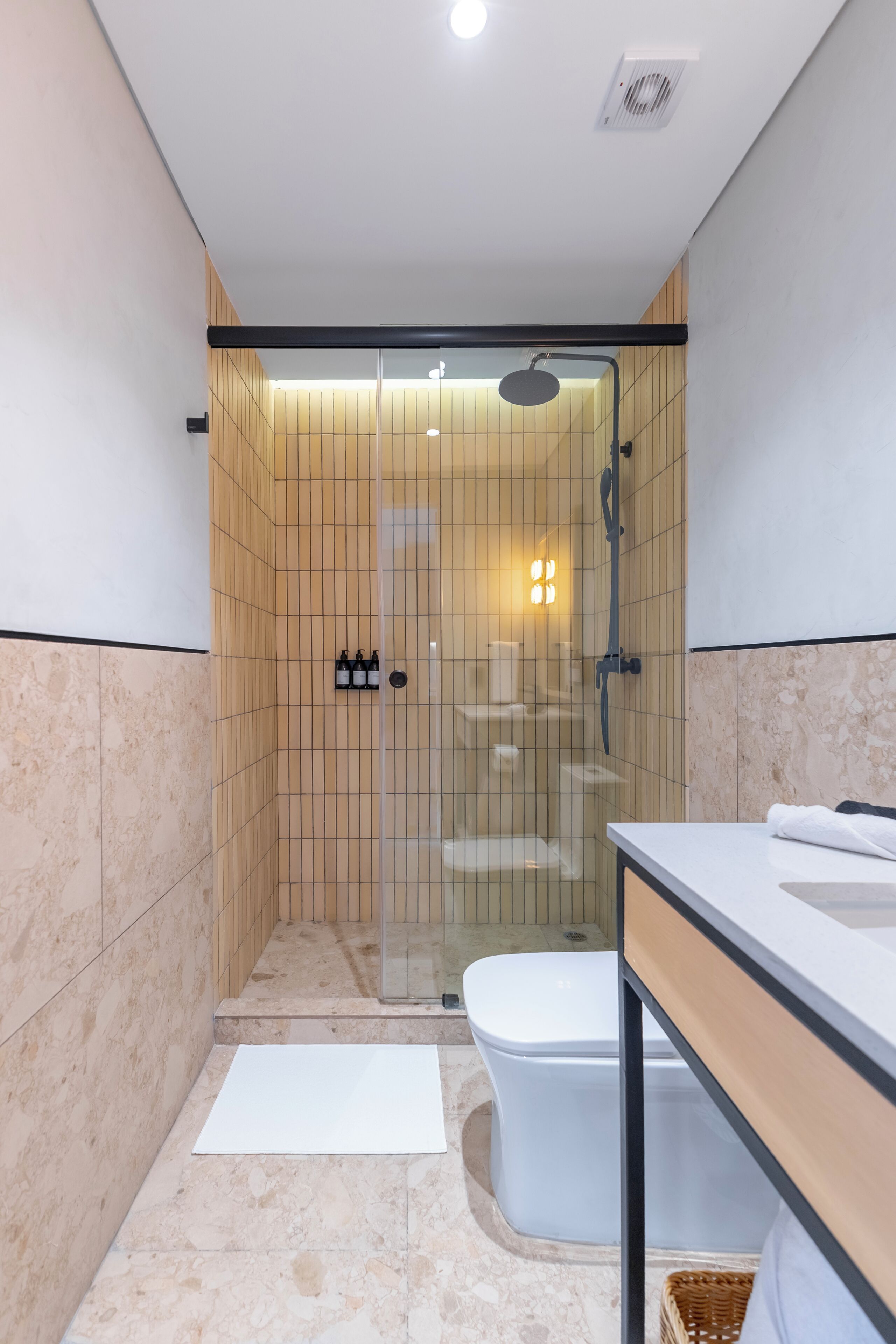 A modern bathroom with a glass-enclosed shower, a white toilet, and a vanity with a mirror.