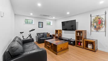 TV, fireplace, books, stereo