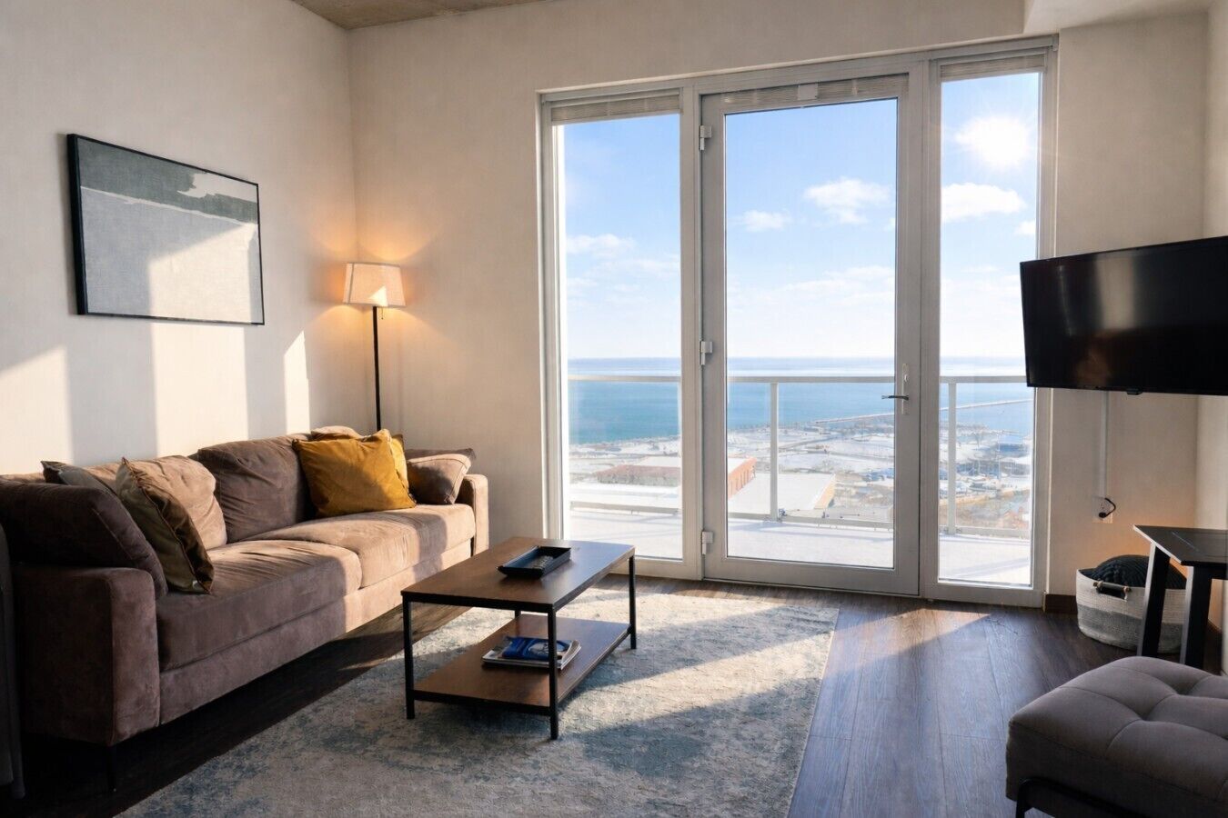 Een woonkamer met een bank, salontafel, televisie en een grote schuifglazen deur die leidt naar een balkon met uitzicht.