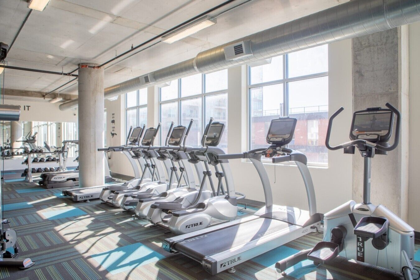Ein Fitnessstudio mit mehreren Laufbändern, Kraftgeräten und Kurzhanteln.