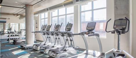A gym with multiple treadmills, weight machines, and dumbbells.