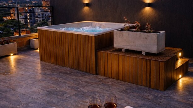 A rooftop terrace with a hot tub, seating area, and a table with glasses and towels. - Duplex With Incredible View Rooftop Jacuzzi & GYM (Medellín)