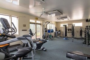 A gym with treadmills, elliptical machines, and weightlifting equipment. - Storm Meadows Retreat | Pool & Hot Tub | Pet Friendly (Steamboat Springs)