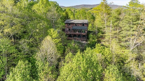 Eine Hütte, umgeben von dichtem Wald, mit freiem Blick auf die Berge im Hintergrund.