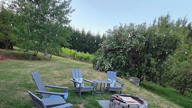 Un patio trasero con cuatro sillas Adirondack, un brasero y un anillo de fuego de piedra.