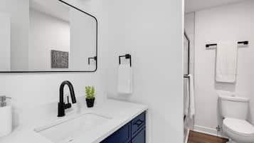 Hair dryer, towels, soap, toilet paper
