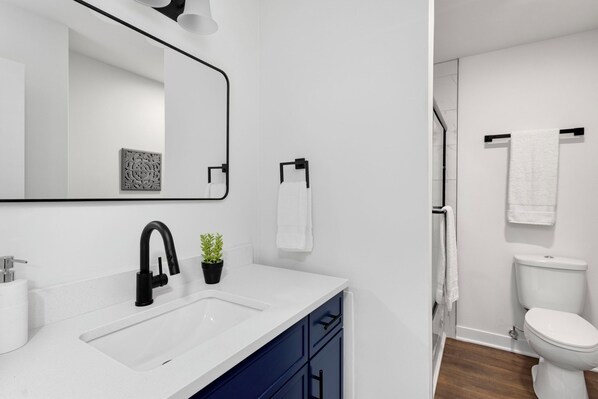 A modern bathroom with a white sink, black faucet, and a small potted plant.