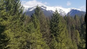A mountain landscape with snow-capped peaks and dense forest. - Life's a Bear Haven!!  Couple's Hot Tub under the Sky!  King Bed! (Kalispell)